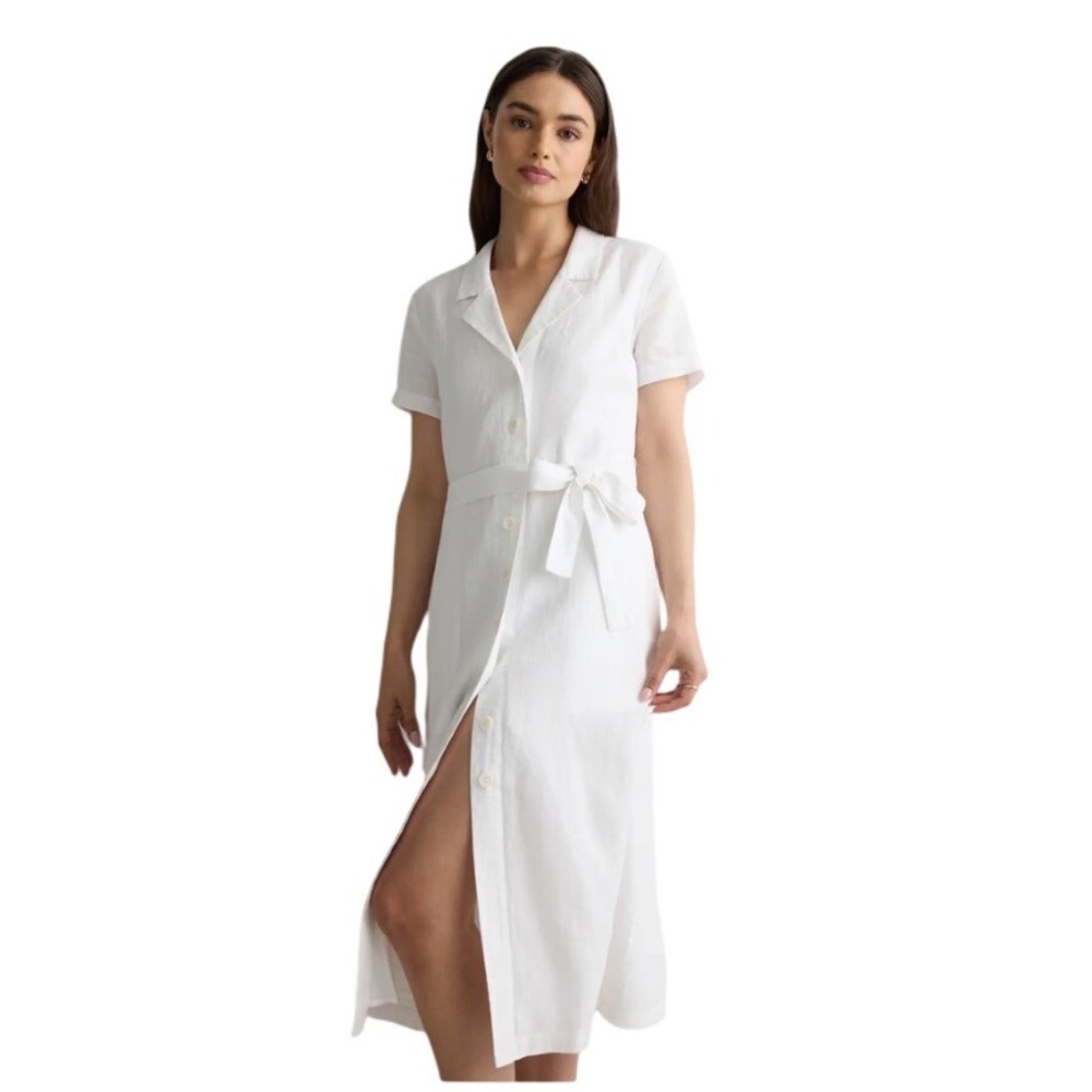 Quince 100% European Linen Button Front Midi Shirt Dress White S Belted
